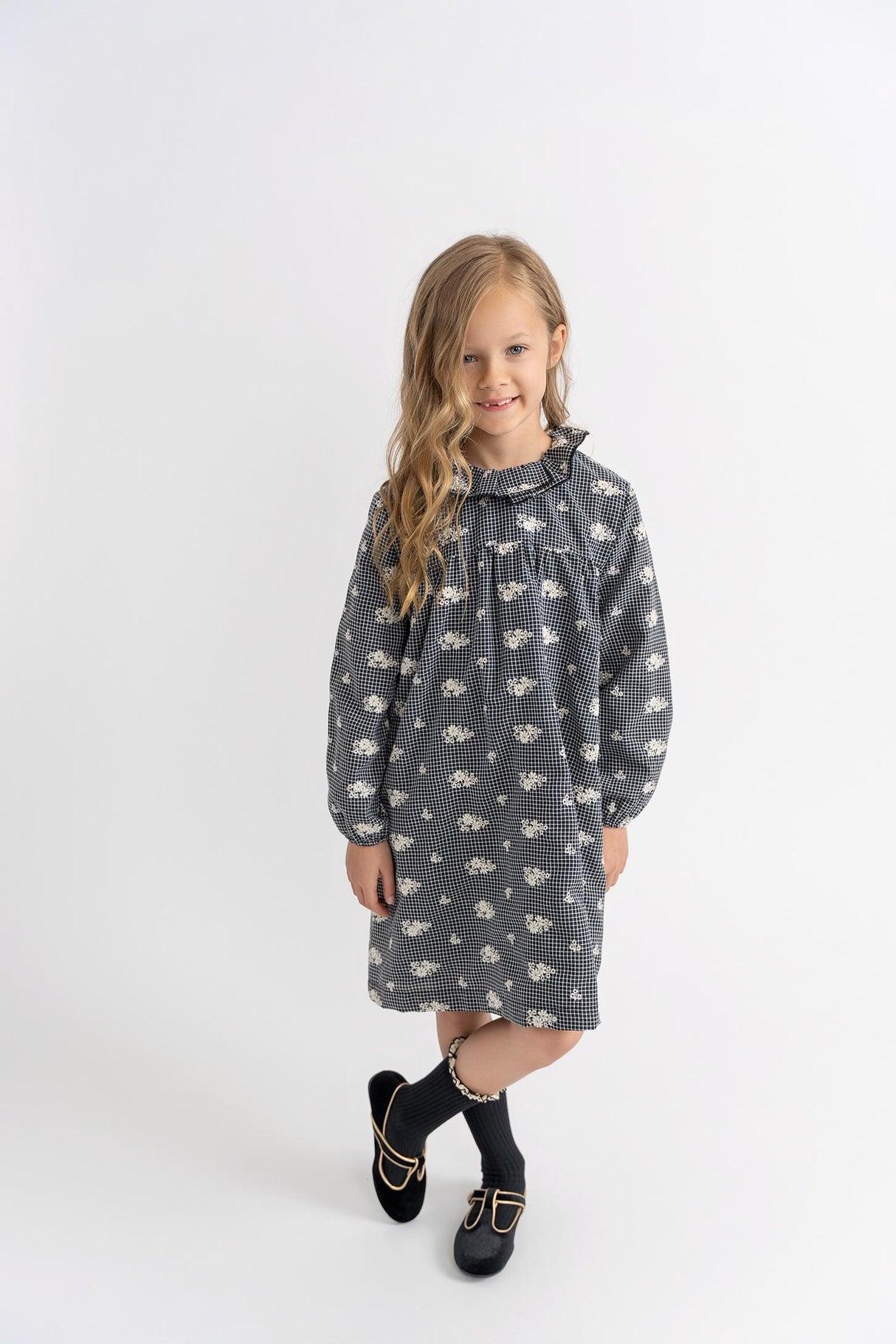 Space Gray Girls Checked Embroidered Dress - WB5CY2758D