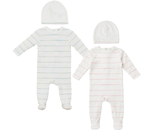Lux Baby Baby Boys Girls Raised Stripes Cotton Footie & Beanie Set - SB6CY2962