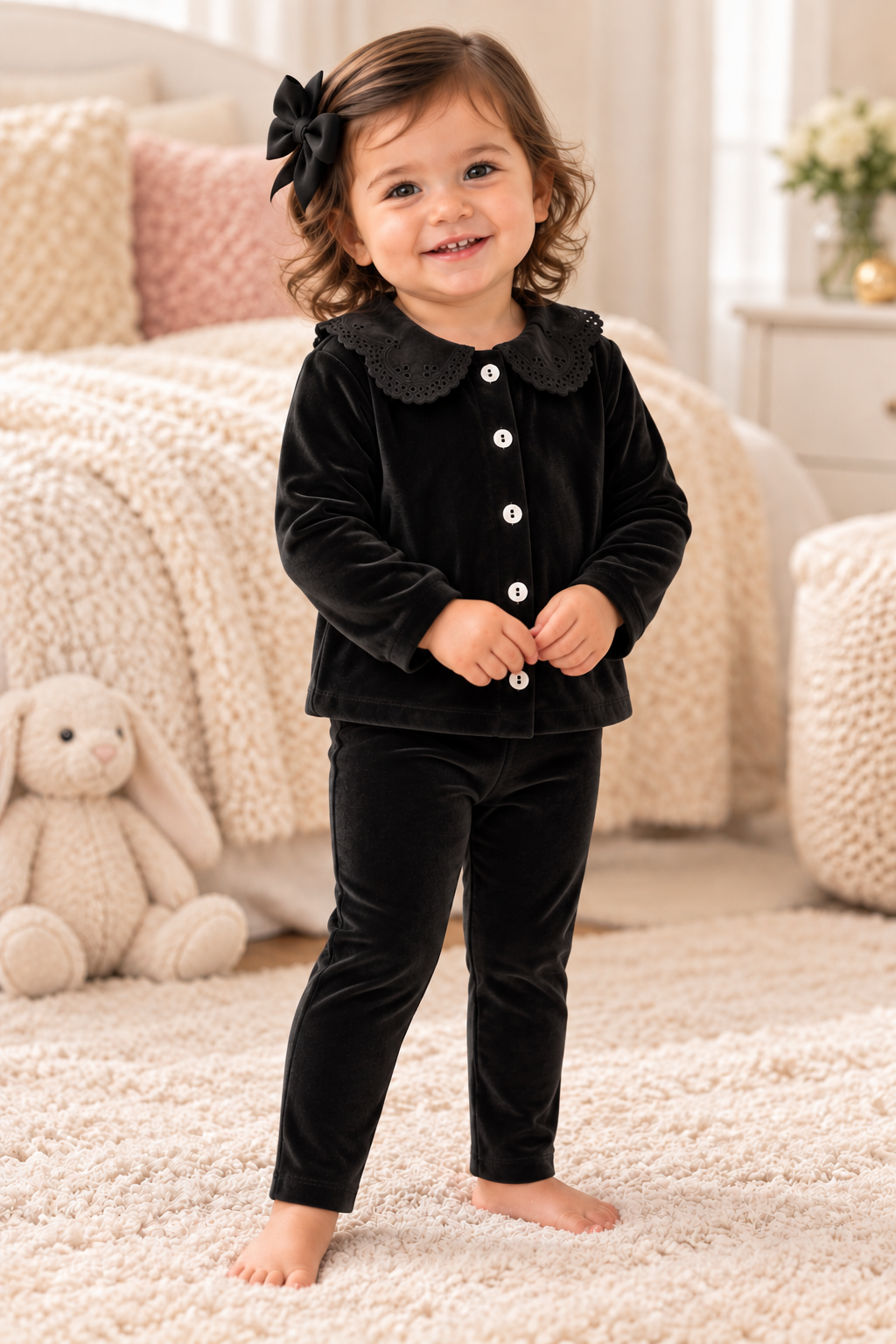 Bonjoy Girls Lace Collar Cardigan Velour Pajamas - WP26010GP