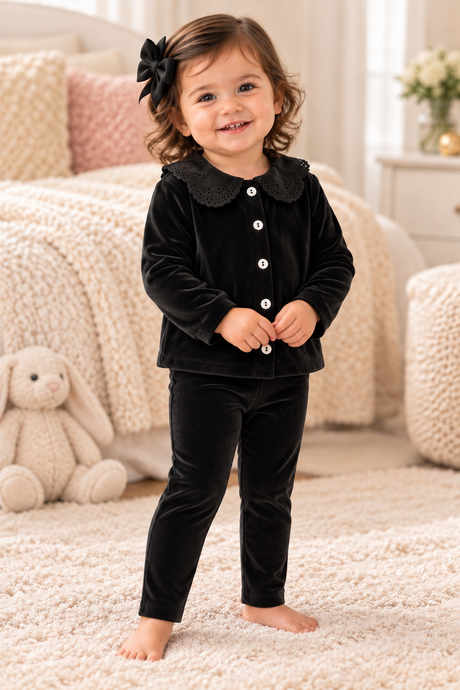 Bonjoy Girls Lace Collar Cardigan Velour Pajamas - WP26010GP