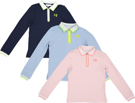 Charlotte & George Girls Teens Contrast Trim 3/4 Sleeve Polo T-shirt - SB6CP7392G