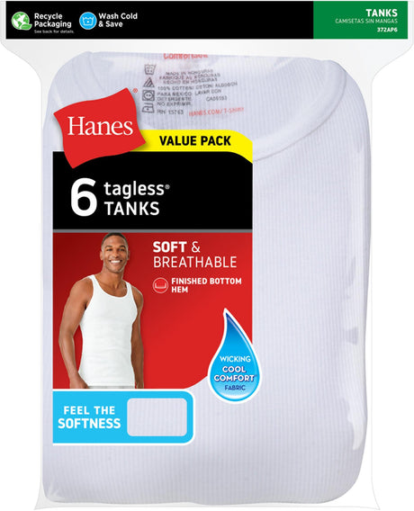 Hanes Mens TAGLESS® A-Shirt Tank Undershirts 6 Pack - 372AP6