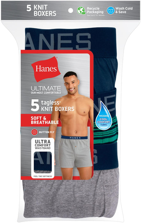Hanes Mens TAGLESS® Knit Boxers Underwear 5 Pack - 709BP5