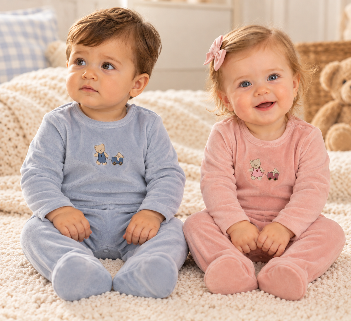 Aurora Baby Boys Girls Embroidered Bear Velour Footie - AAW26-0097-0099