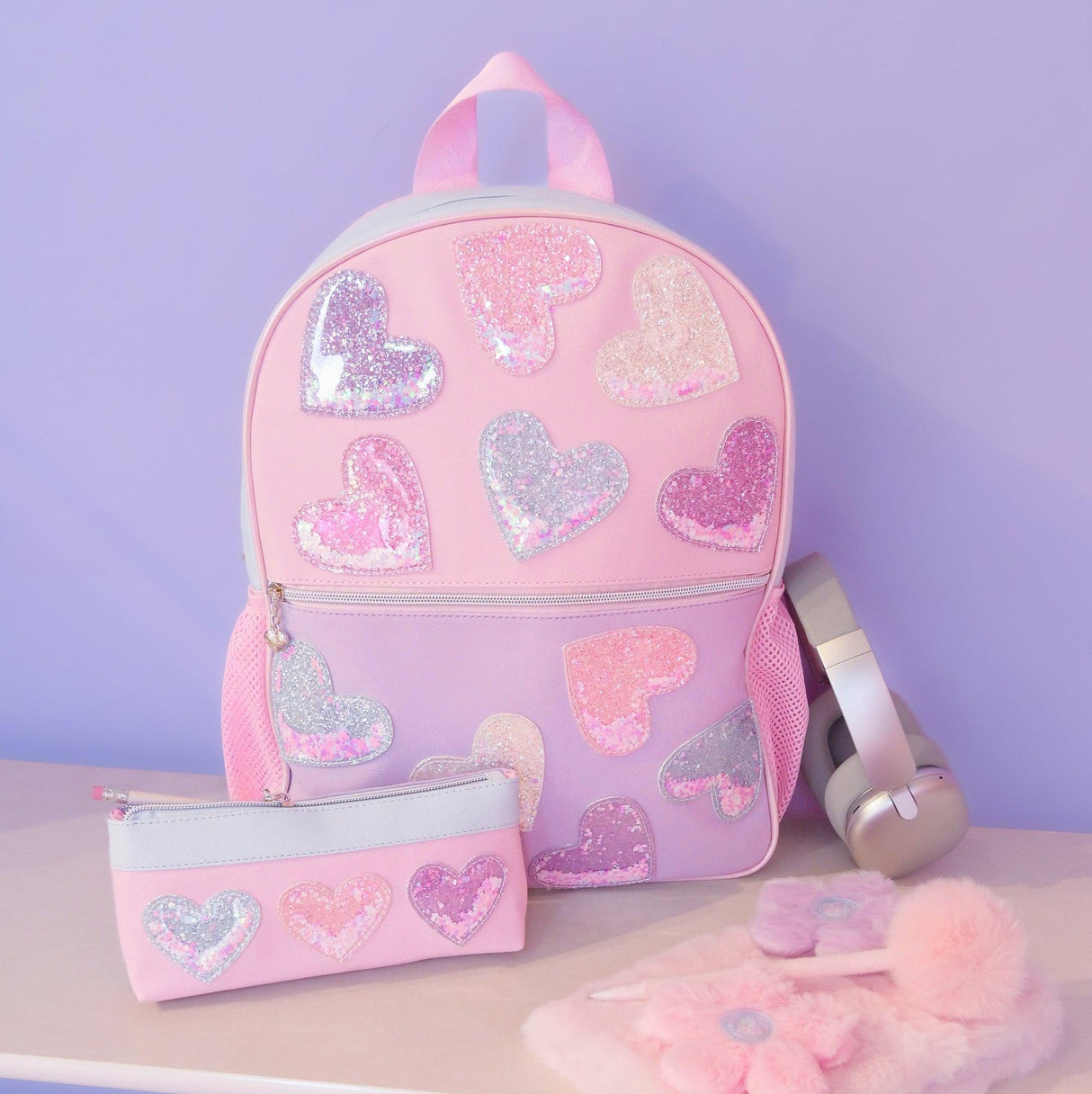 OMG Confetti Heart Patched Backpack & Pencil Case Set - HRT-SBP87