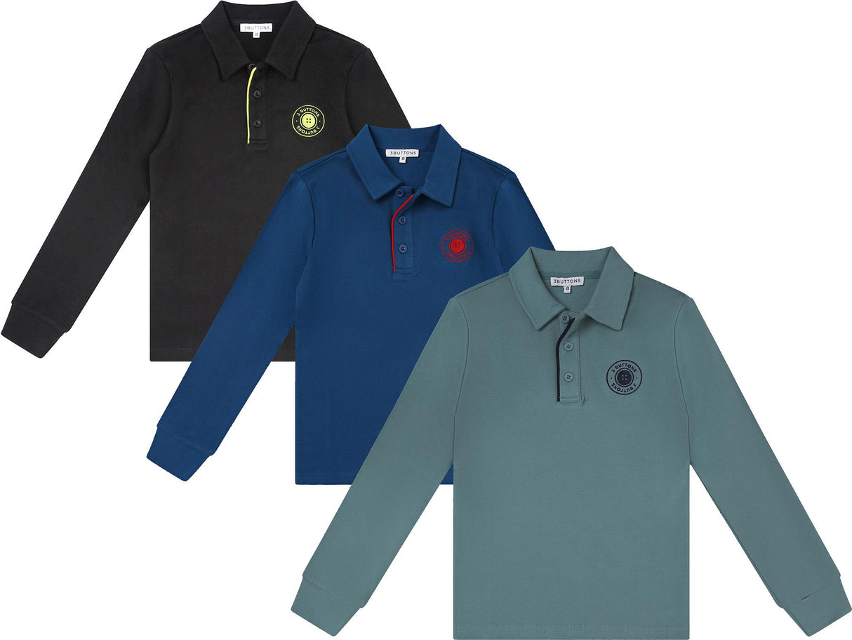 3 Buttons Boys Long Sleeve Polo Shirt - Color Pop