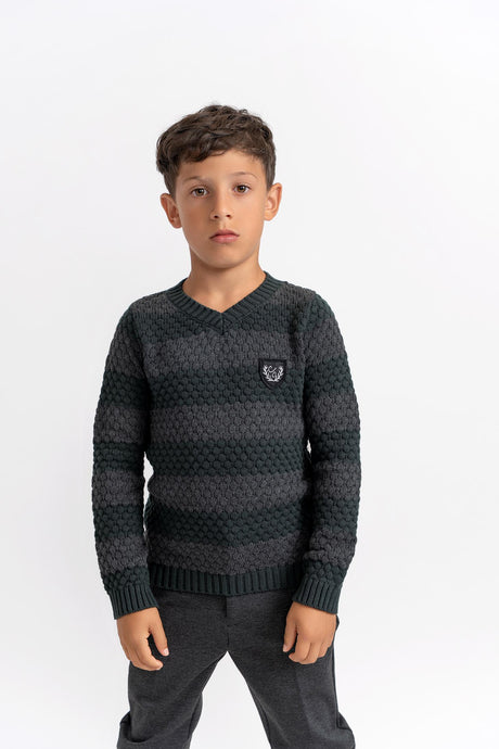 Charlotte & George Boys Striped Textured V-Neck Sweater - WB5CP7248