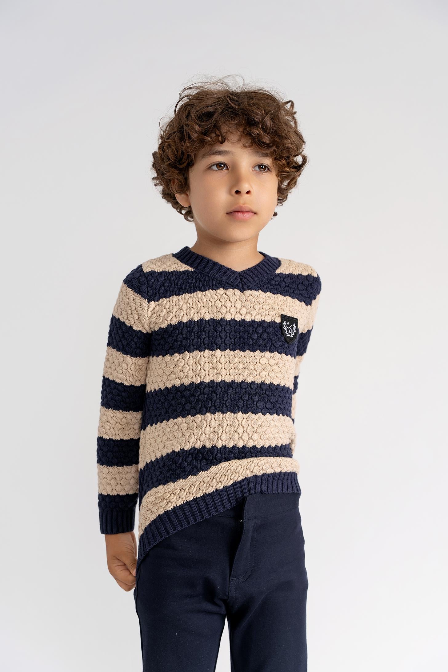 Charlotte & George Boys Striped Textured V-Neck Sweater