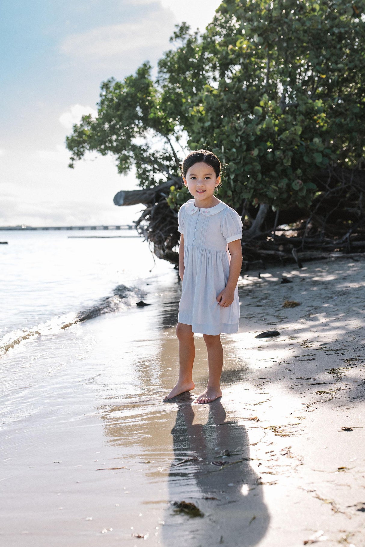 Analogie by Lil Legs  Embroidered Linen Collection Girls Short Sleeve Pintuck Collar Dress - MECDS