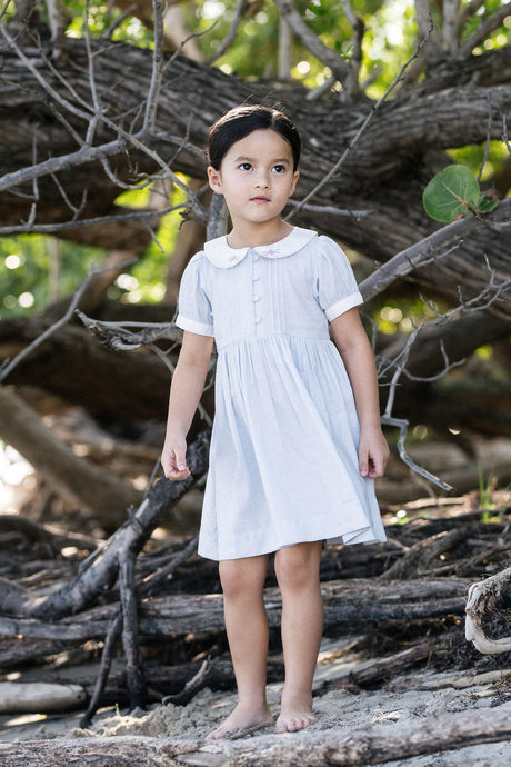 Analogie by Lil Legs  Embroidered Linen Collection Girls Short Sleeve Pintuck Collar Dress - MECDS