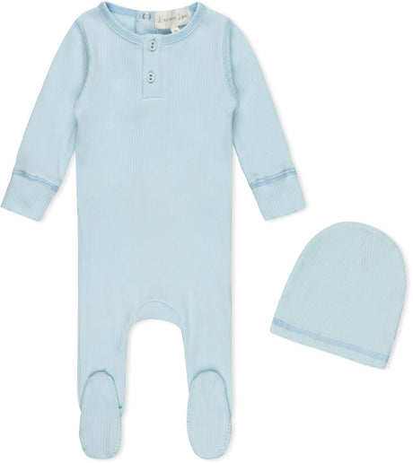 L'amour Lou Baby Boys Girls Cotton Ribbed Henley Footie & Hat Set - LLS30