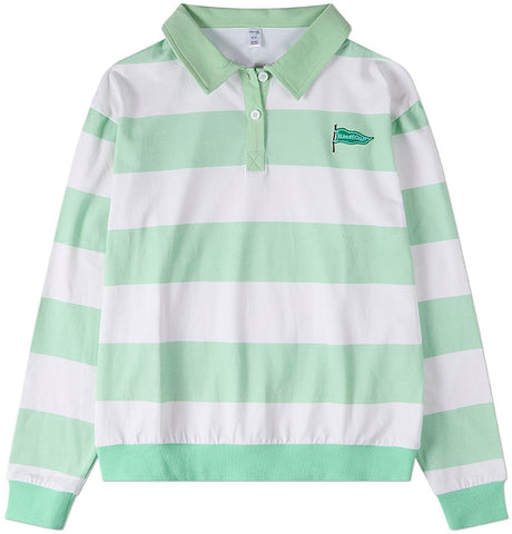 Memoi Girls Teens Summer Flag Striped Long Sleeve Polo T-shirt - MKC-119