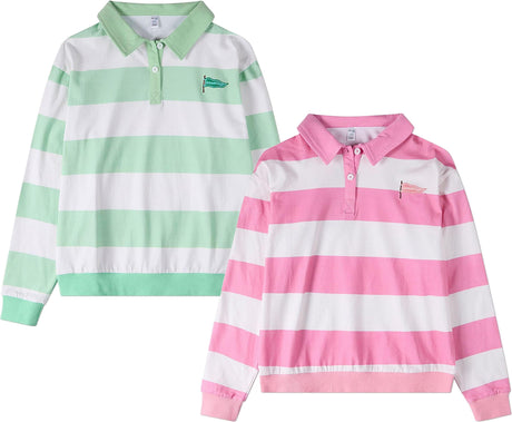 Memoi Girls Teens Summer Flag Striped Long Sleeve Polo T-shirt - MKC-119