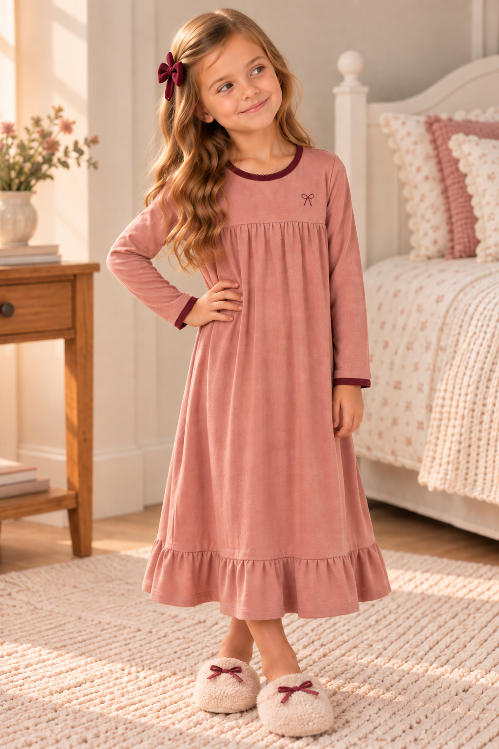 L'amour Lou Girls Pointelle Bear Patch Collection Cotton Nightgown - LLS11