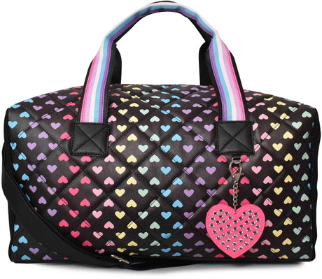 OMG Quilted Heart-Printed Large Duffle Bag with Heart Keychain - HRT-DF89