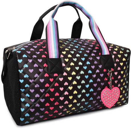 OMG Quilted Heart-Printed Large Duffle Bag with Heart Keychain - HRT-DF89